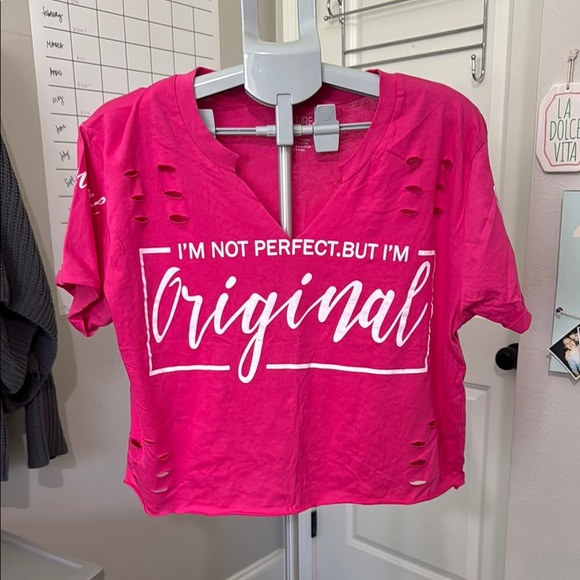 On Fire Pink Crop Tee with Crew Neck and Cut Out Design - Picture 1 of 6